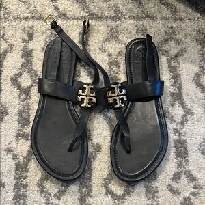 Black Tory Burch Leather Sandals with Gold Accents